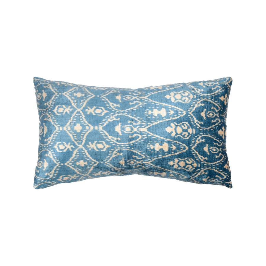 Vintage Silk Velvet Ikat Pillow - X-Large Rectangle Blue/Cream Damask