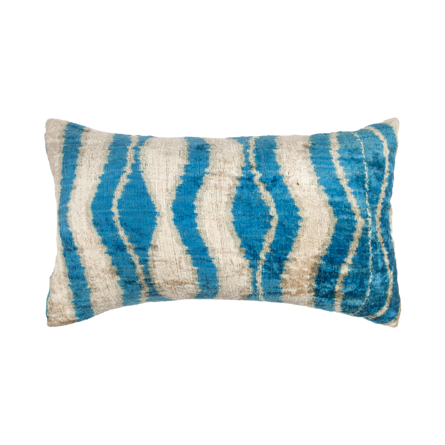 Vintage Silk Velvet Ikat Pillow - Large Rectangle Wave Blue and Silver