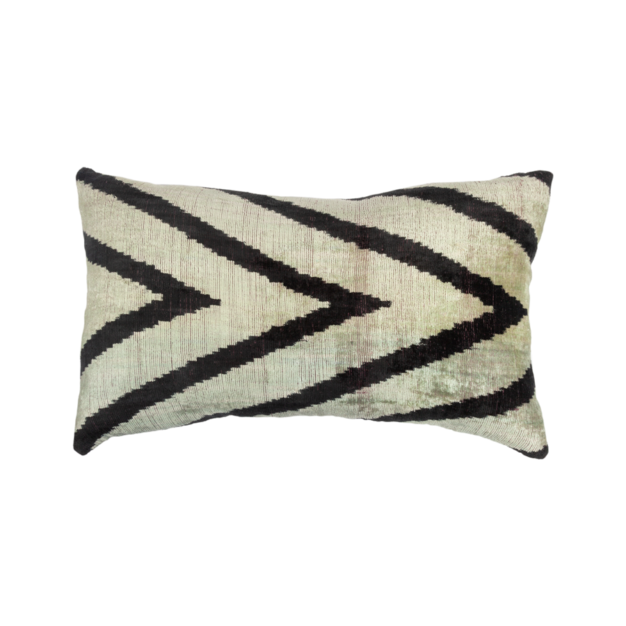 Vintage Silk Velvet Ikat Pillow - Large Rectangle Black/Pale Green Chevron