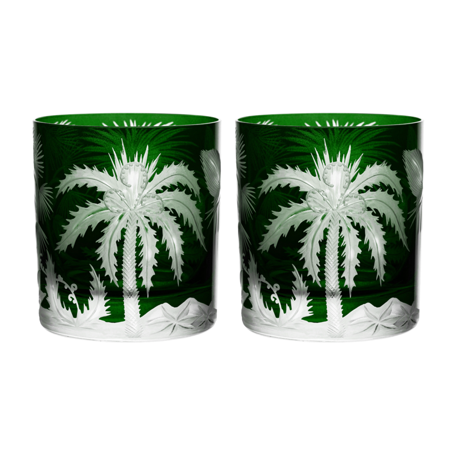 Double Old Fashioned Glasses in Green - Primeval Palms , Set of 2 by Artel