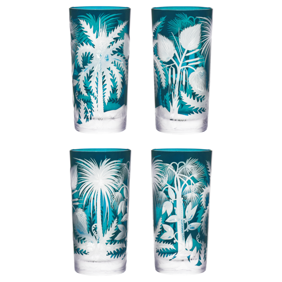 Highball Glasses in Peacock - Primeval Palms , Set of 4 by Artel