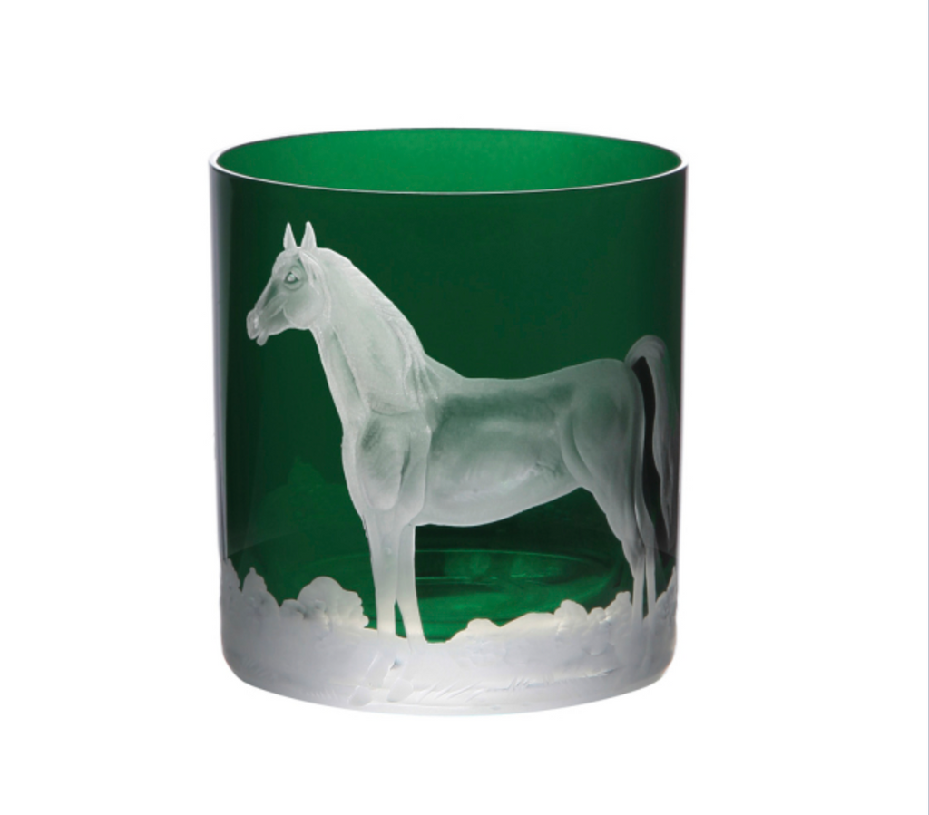 Double Old Fashioned Glasses in British Racer Green - Horse , Set of 2 by Artel