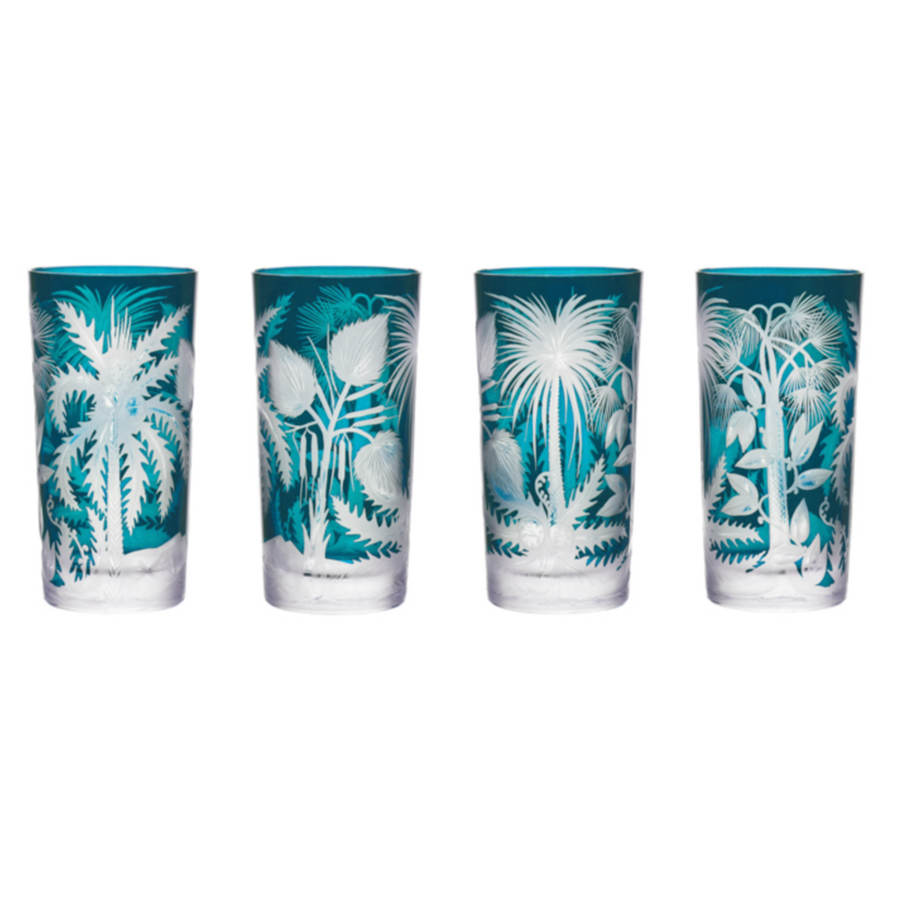 Highball Glasses in Peacock - Primeval Palms , Set of 4 by Artel