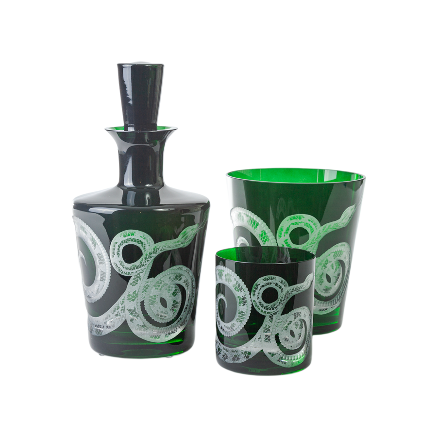 Double Old Fashioned Glasses in British Racer Green - Snake , Set of 2 by Artel