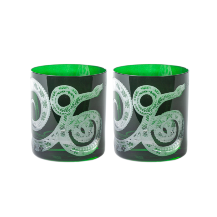 Double Old Fashioned Glasses in British Racer Green - Snake , Set of 2 by Artel