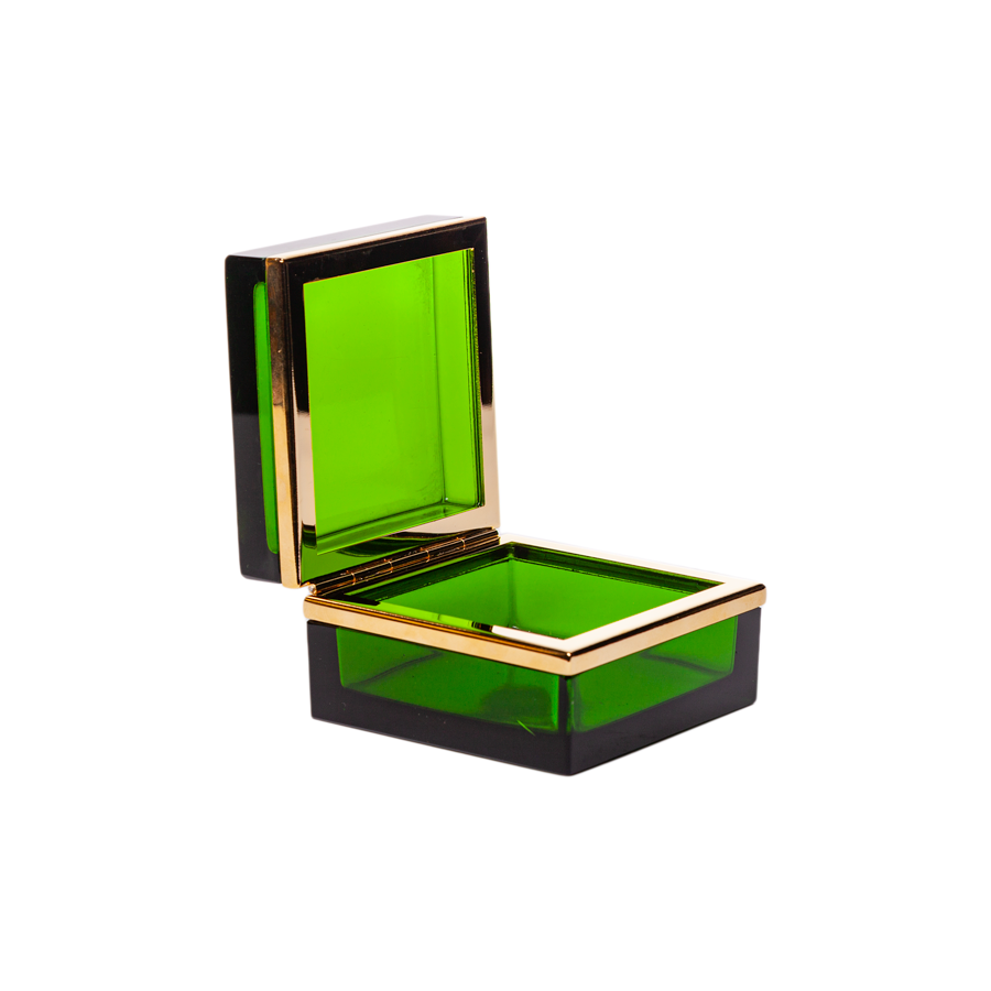 Italian Murano Green Square Box with Brass Detailing