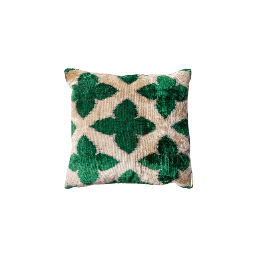 Vintage Silk Velvet Pillow Medium Square Emerald and Cream Quatrefoil