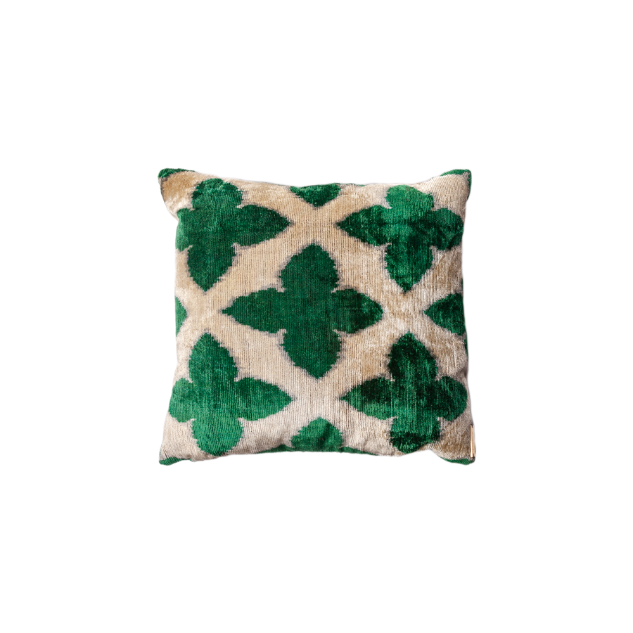 Vintage Silk Velvet Pillow - Medium Square Emerald and Cream Quatrefoil