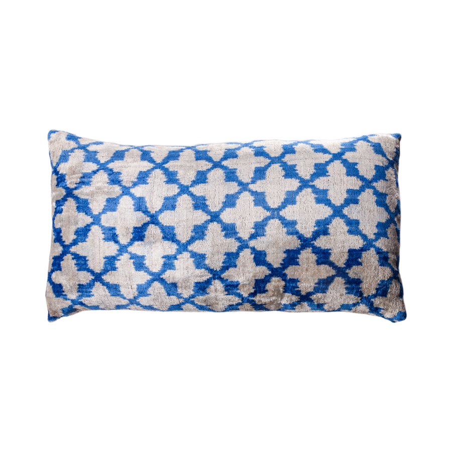 Vintage Silk Velvet Pillow - Large Rectangle Blue and Silver Quatrefoil