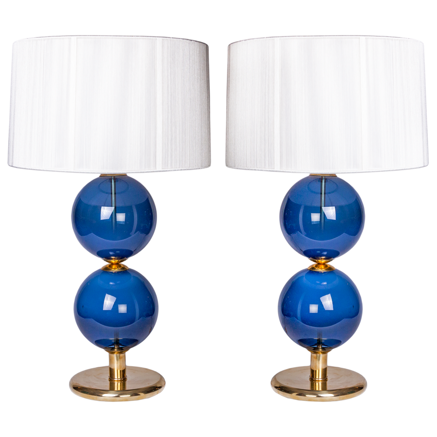 Pair of Blue Murano Glass Ball Lamps