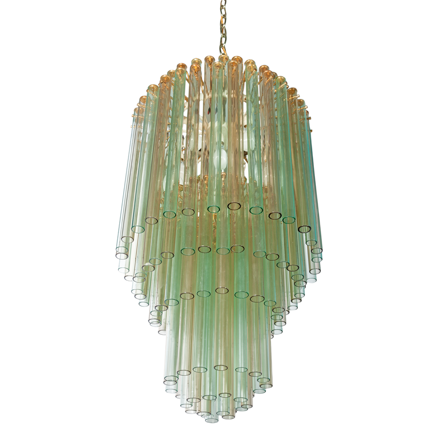 1960s Venini Flute in Green and Amber Chandelier