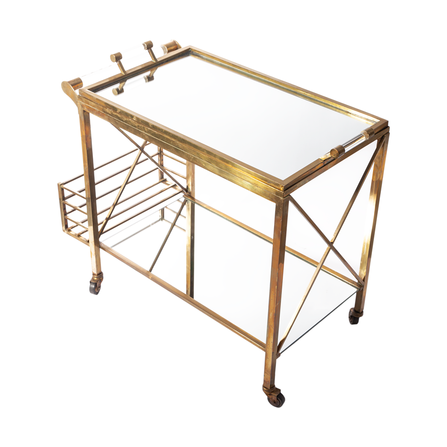 Jacques Adnet heavy Brass Lucite Handles Bar Cart