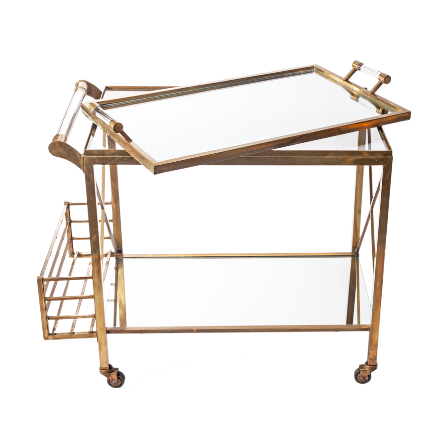 Jacques Adnet heavy Brass Lucite Handles Bar Cart