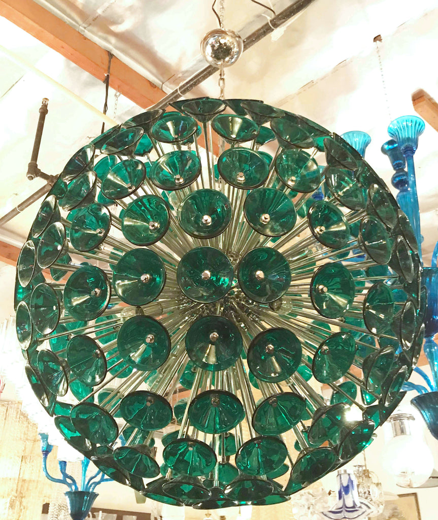 Vintage Sputnik Chandelier in Brass and Green Glass Trumpets