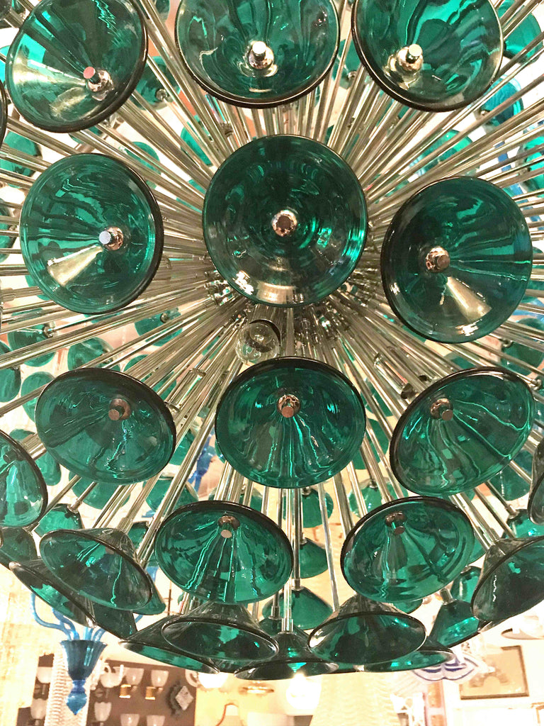 Vintage Sputnik Chandelier in Brass and Green Glass Trumpets