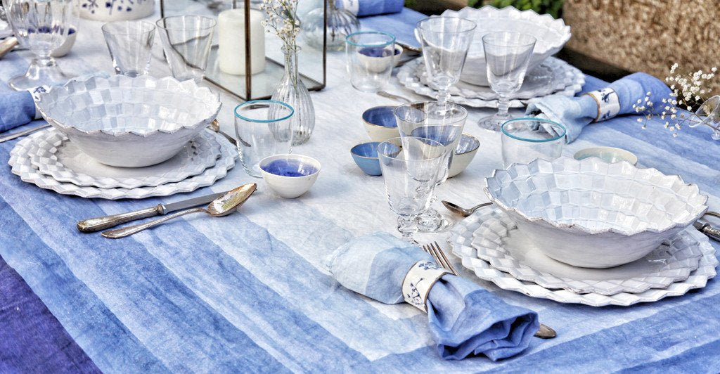 Shades Of Blue Striped Linen Tablecloth by Summerill & Bishop